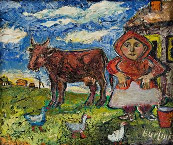 DAVID BURLIUK Farm Scene with a Woman and Cow.